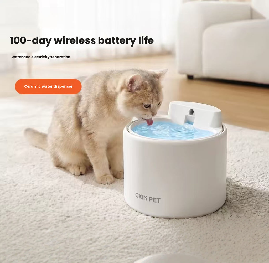 Ckin Pet Ceramic Cordless Cat Water Fountain, Quiet Auto Circulation