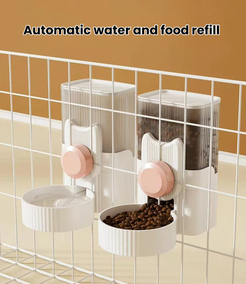 Food and water dispenser units mounted on enclosure bars