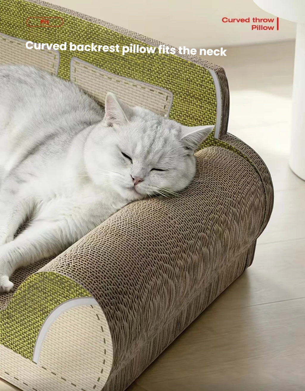 Close-up of a cat resting against the curved corrugated side of the sofa