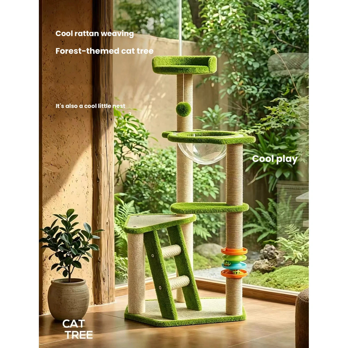 Cat resting in the curved bed of the green cat tree