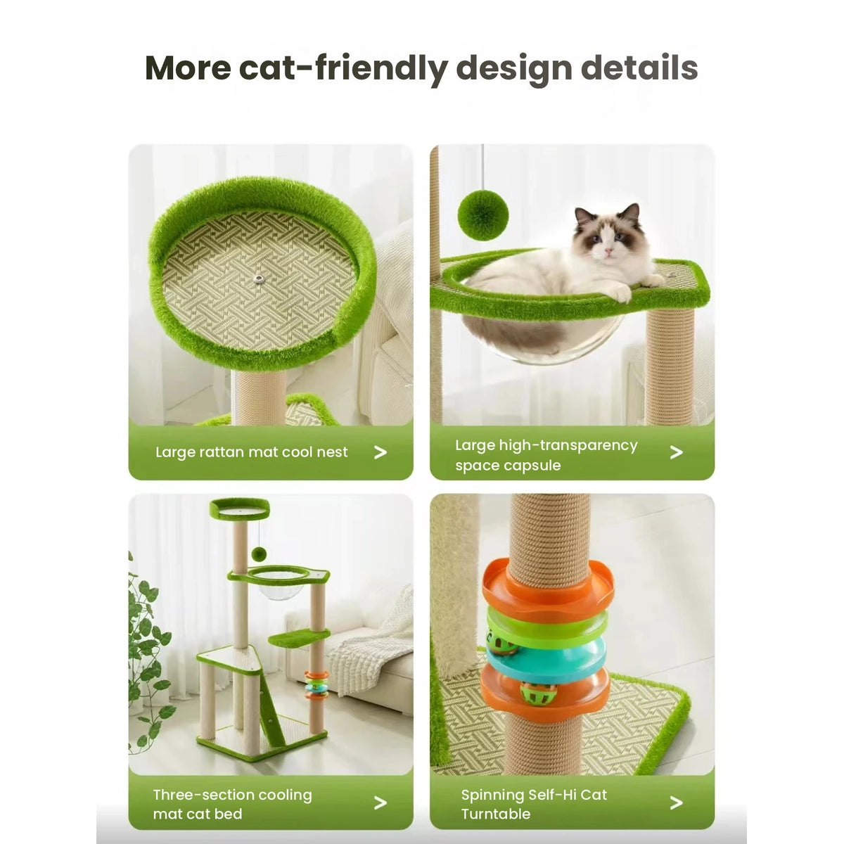 Green cat tree with sisal posts play balls and resting platforms
