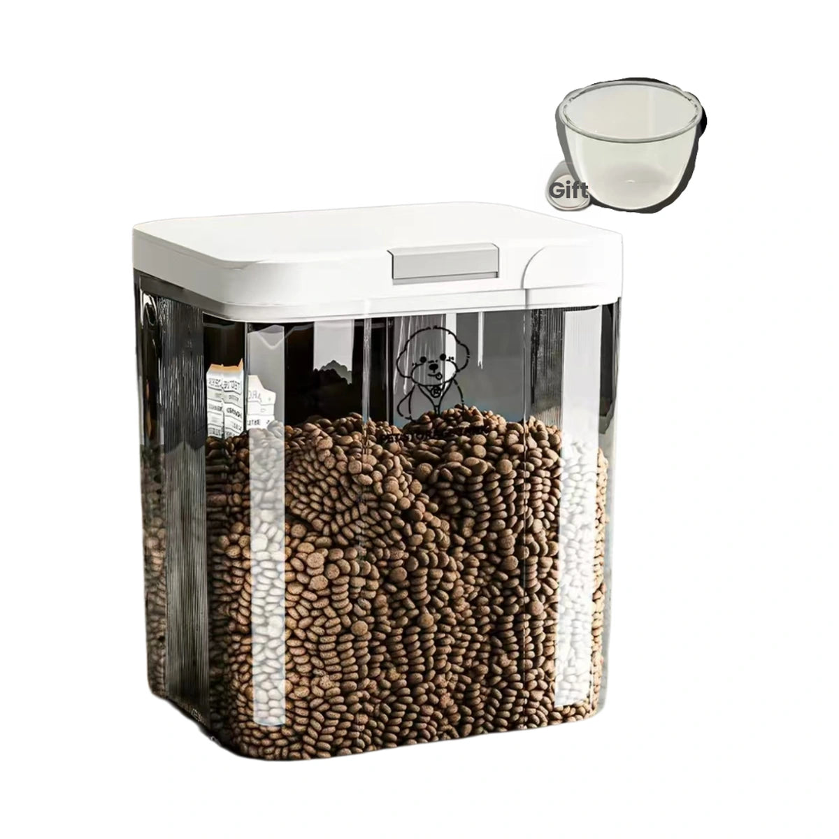 Clear airtight pet food storage container with measuring cup