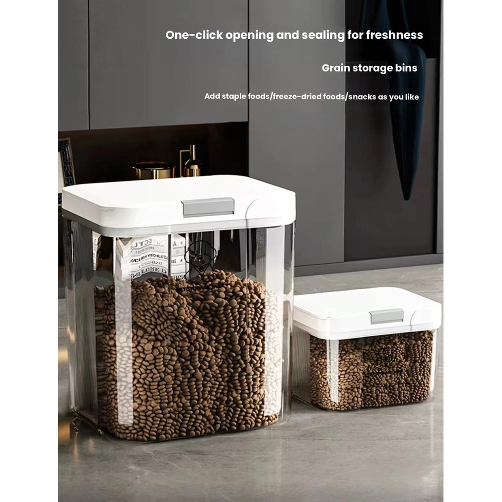 Clear pet food storage containers on a kitchen counter