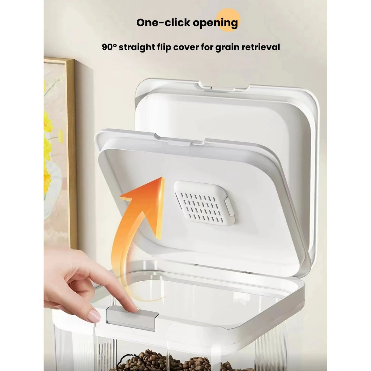 One-click opening lid on the pet food storage container