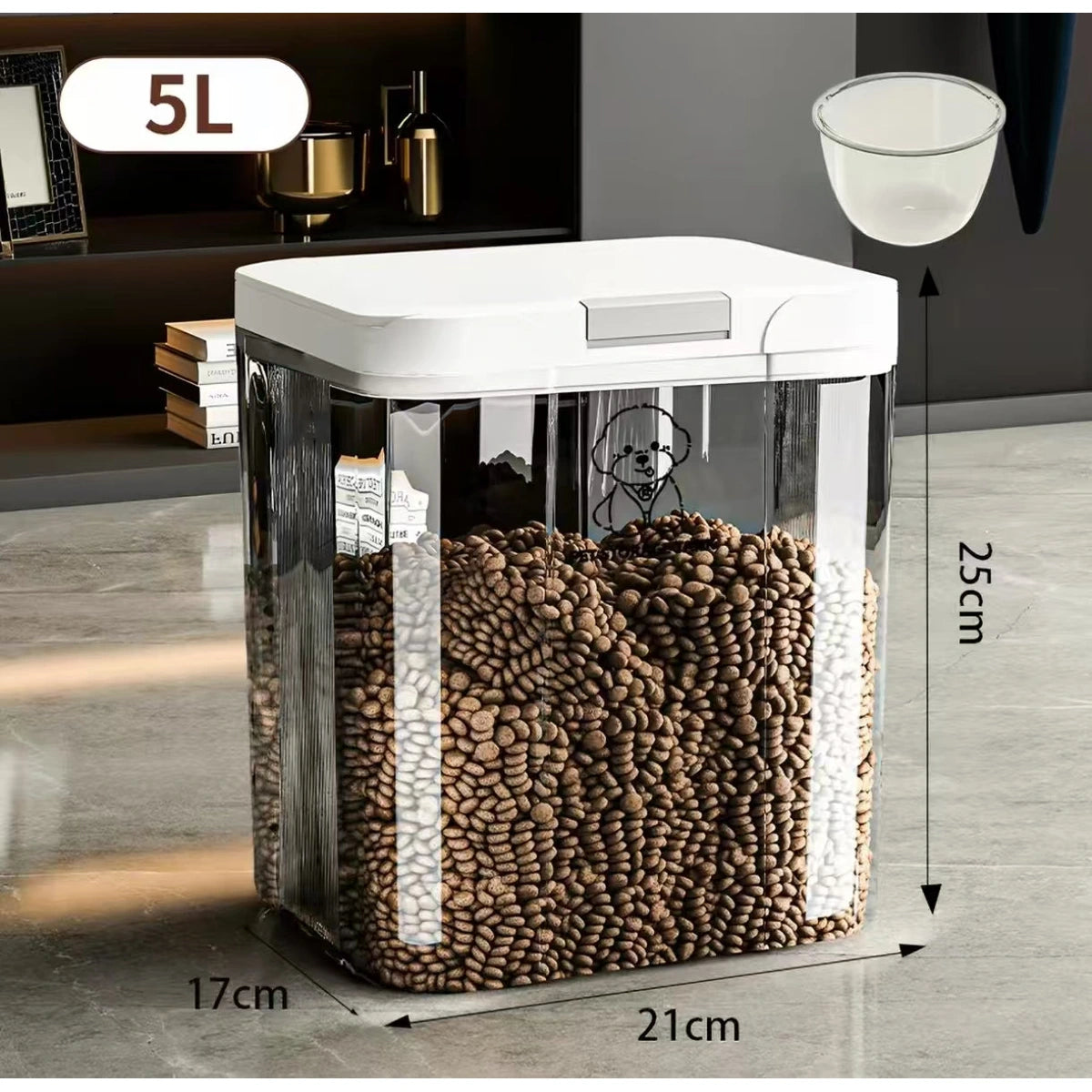 5L pet food storage container with dimensions shown