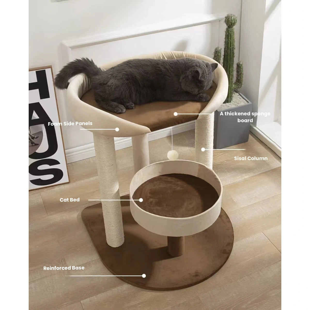Cat tree with round upper bed and lower platform
