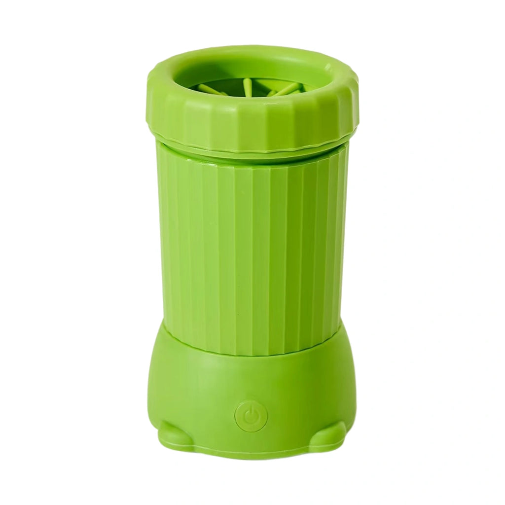 Green dog paw cleaner cup with push-spin silicone brush