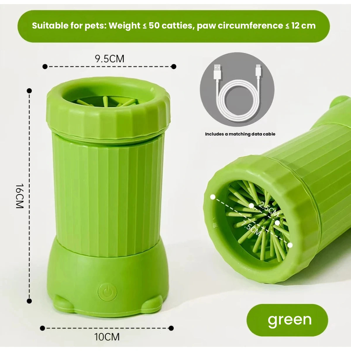 Green paw cleaner cup with product dimensions