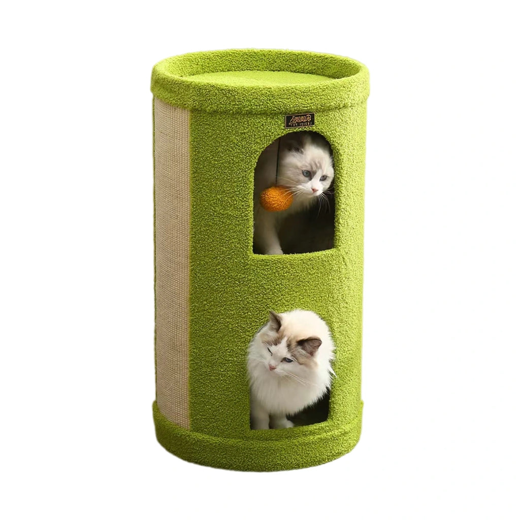 Tall green sisal cat tree house with three enclosed beds