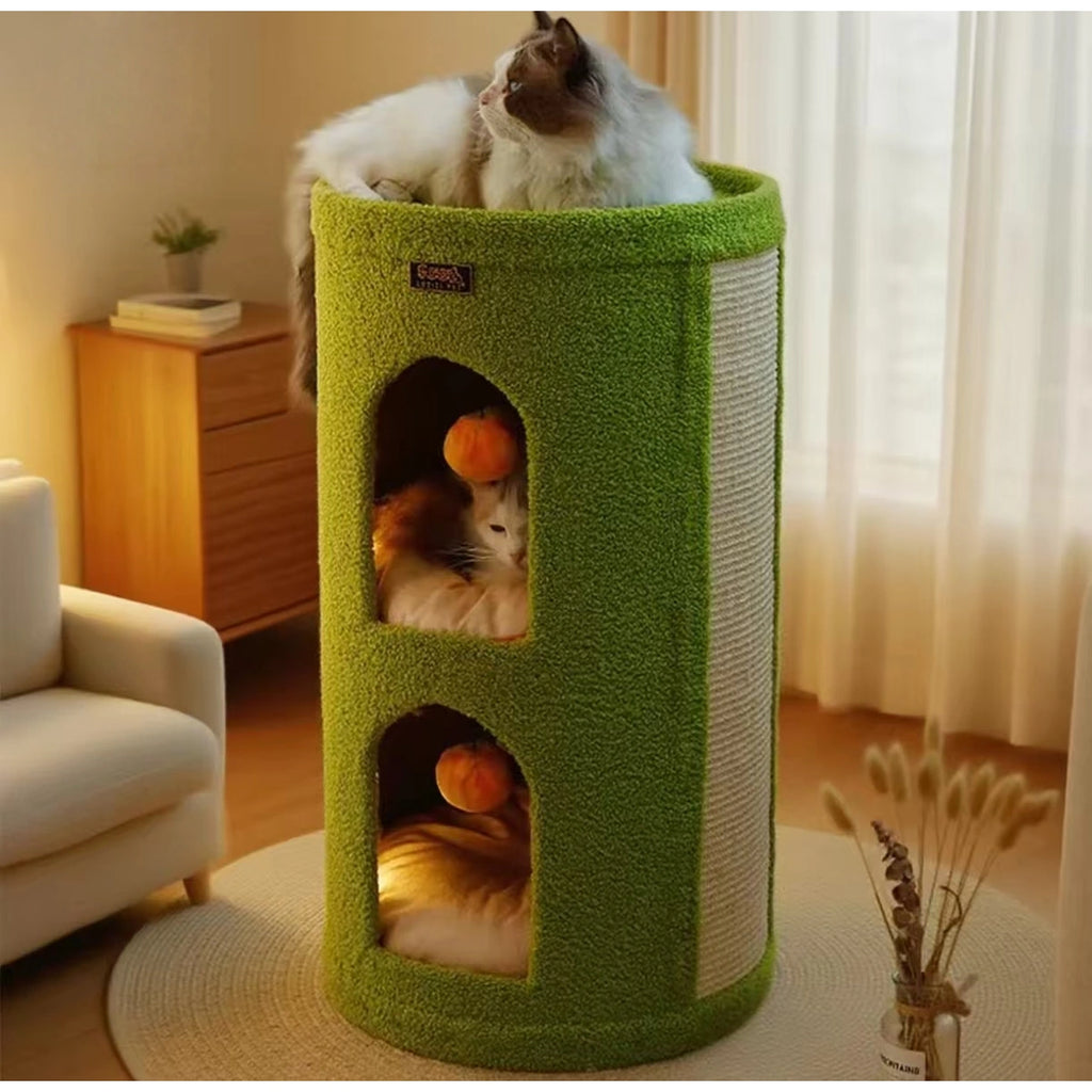 Cats resting in the openings of the sisal cat tree tower