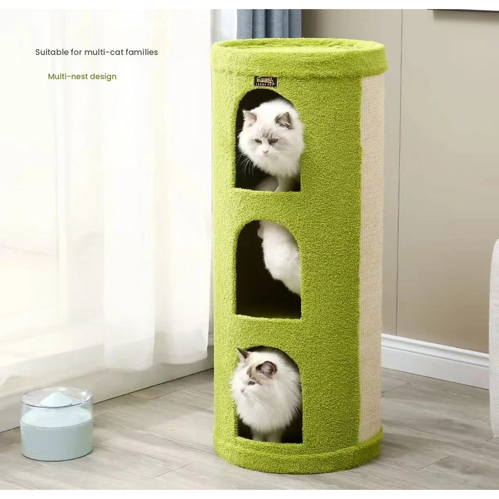 Tall sisal cat tree house in a living room