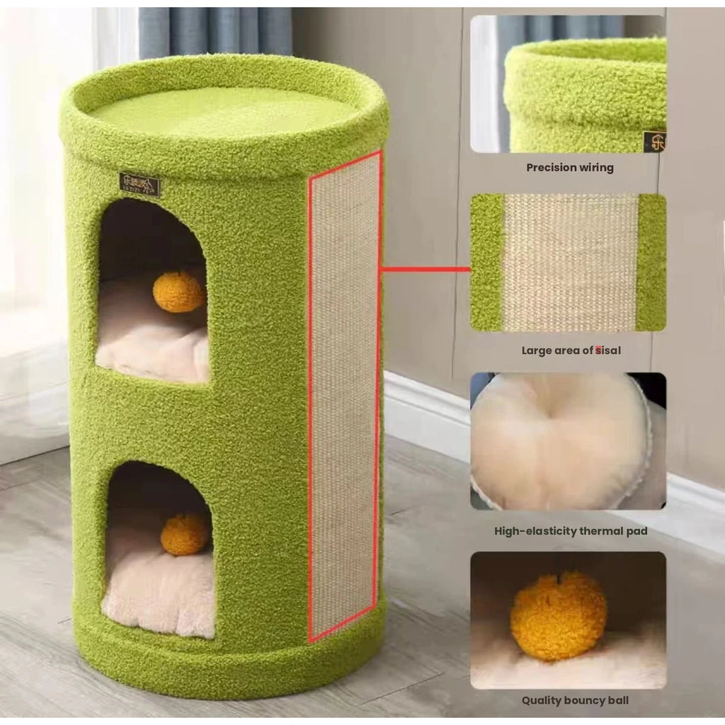 Sisal cat tree openings and interior resting spaces