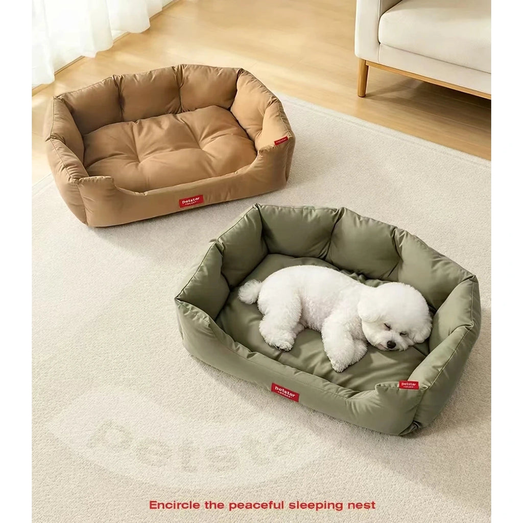 Brown and green Petstar bolster beds with a resting cat