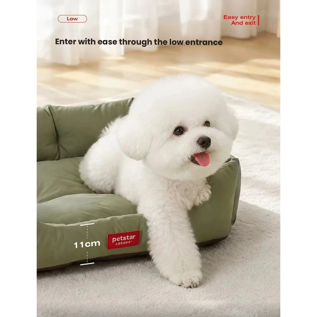 Small dog entering the green Petstar bolster bed