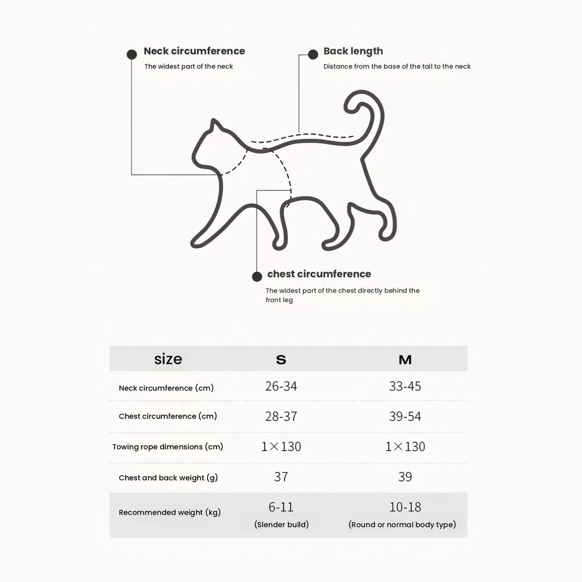 Petstar cat harness size chart for S and M options