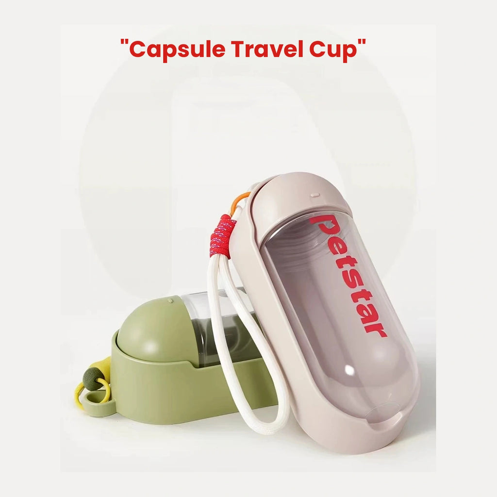 Petstar capsule-style travel water bottle and bowl