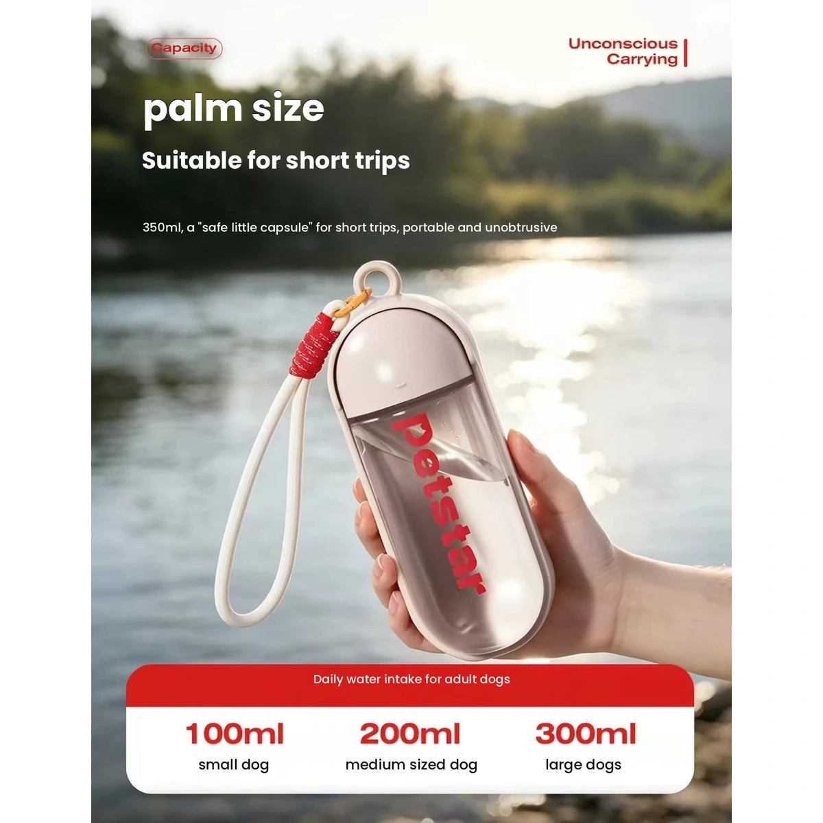 Petstar 350ml water bottle shown for short trips