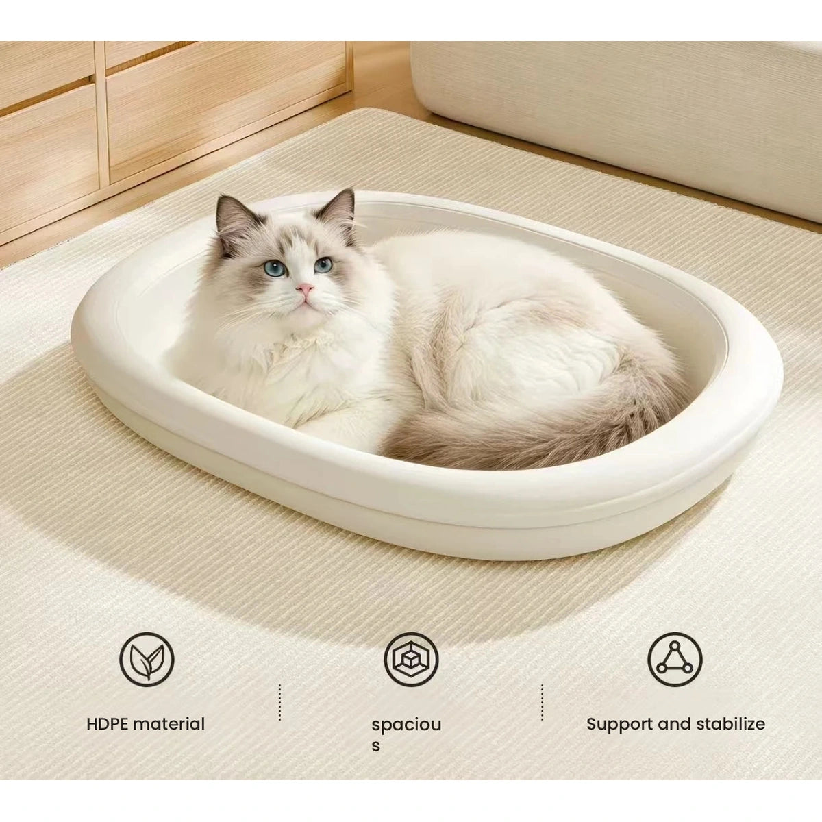 猫と特徴説明を添えた楕円形ベッド