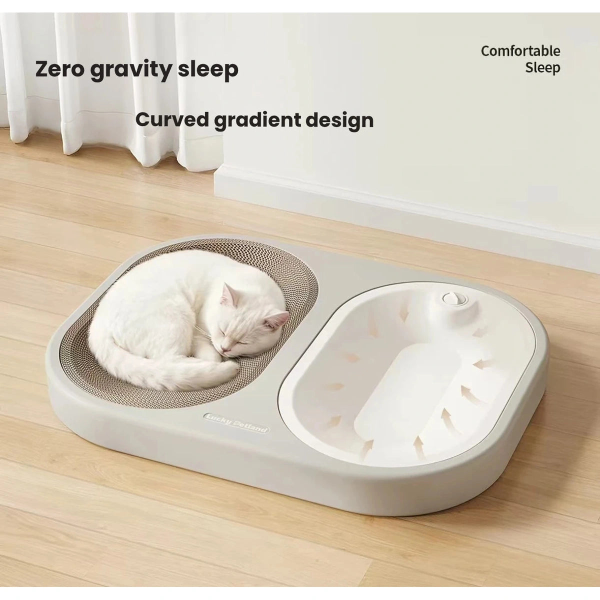 Cat curled up on the brown resting side of the LuckyPetland bed