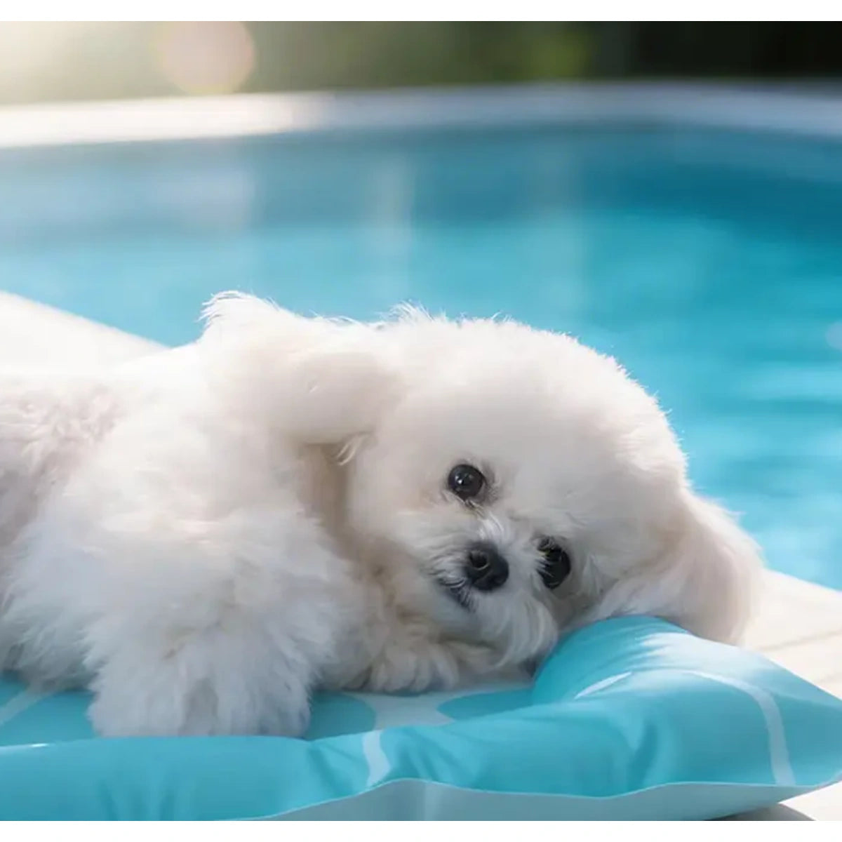 Small dog resting on the blue Petstar cooling bed