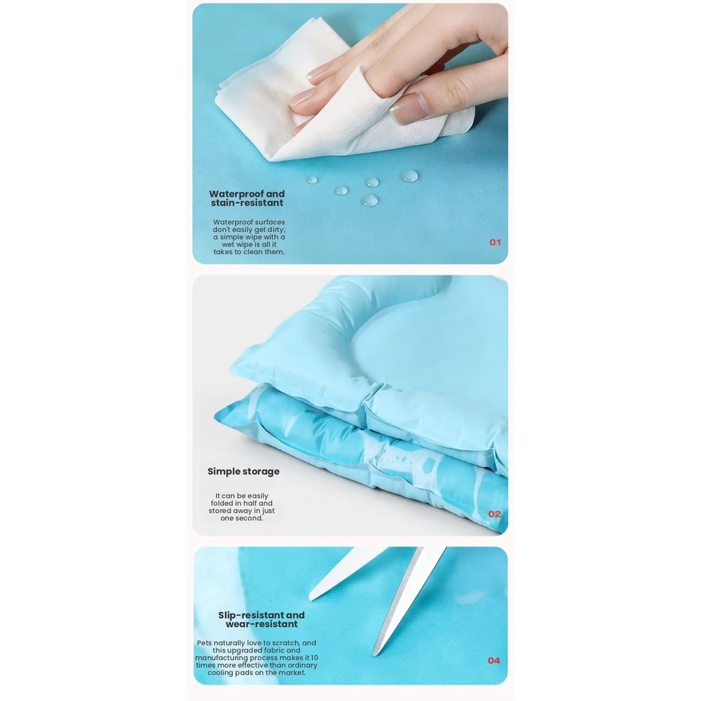 Hand wiping the surface of the blue Petstar cooling pet bed