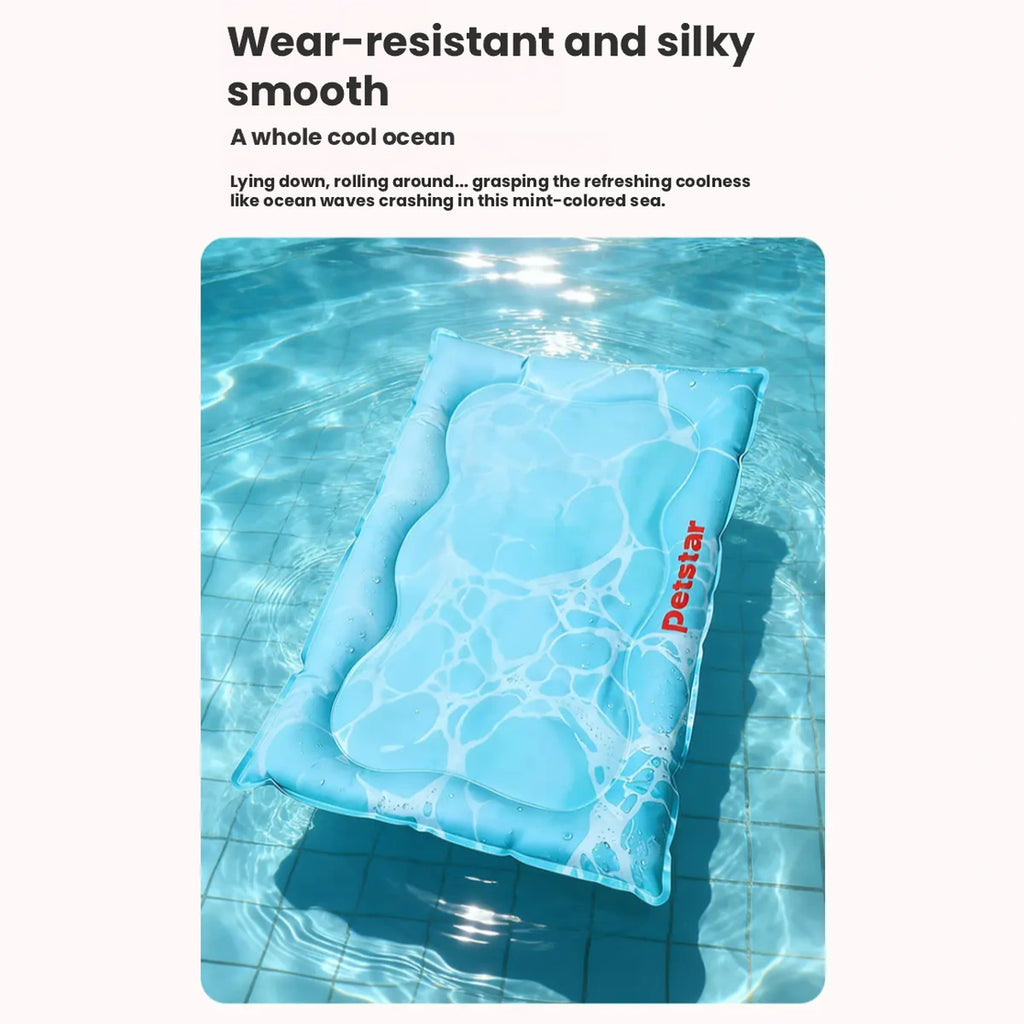 Blue Petstar cooling mat shown against a water background