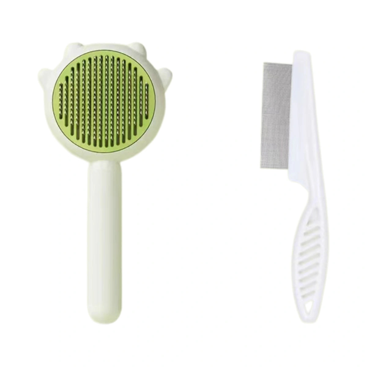 Green round-head cat grooming comb with cleaning comb