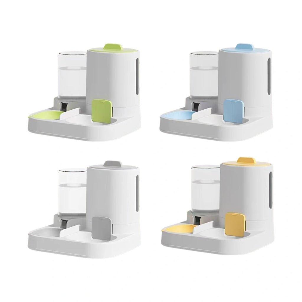 Gravity pet feeder and water bowl set shown in Grey, Blue, Green and Yellow