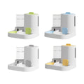 Gravity pet feeder and water bowl set shown in Grey, Blue, Green and Yellow