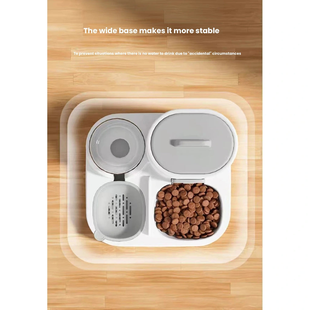 Top view of the grey pet feeding bowls and storage units