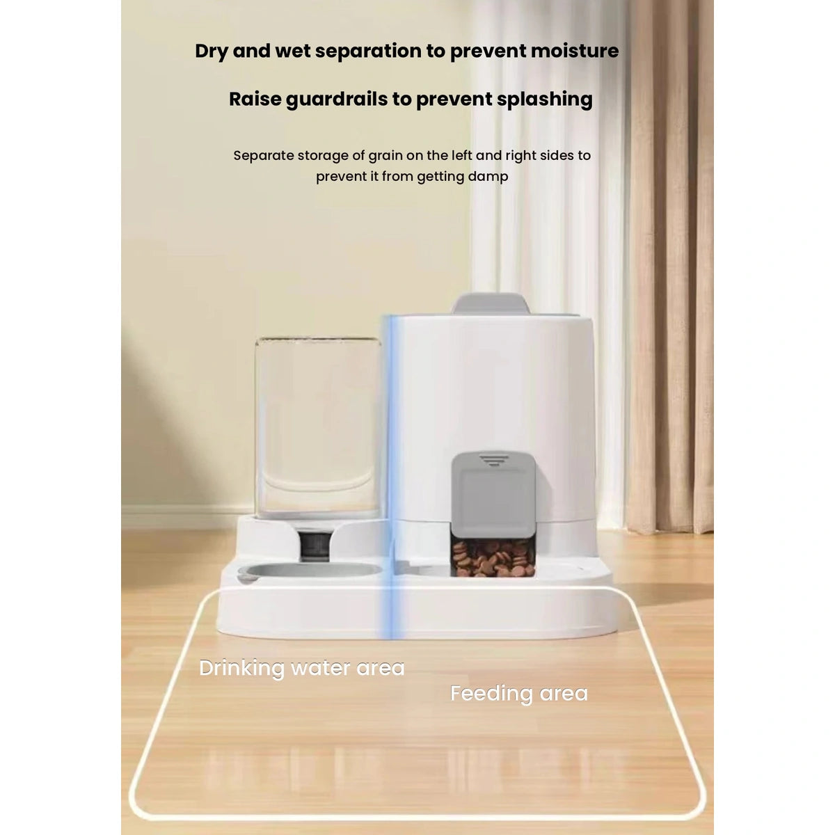 Grey gravity feeder showing storage compartments