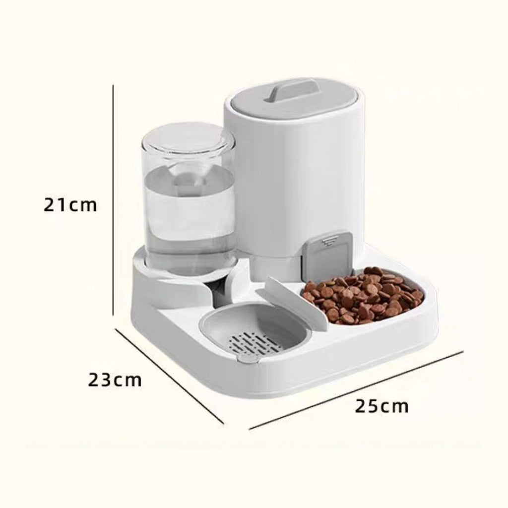 Grey gravity pet feeder and water bowl dimension diagram