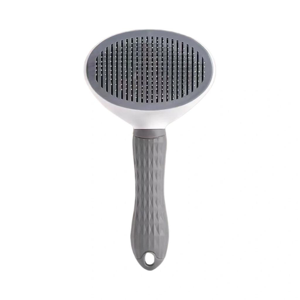 Grey oval-head pet grooming brush with textured handle