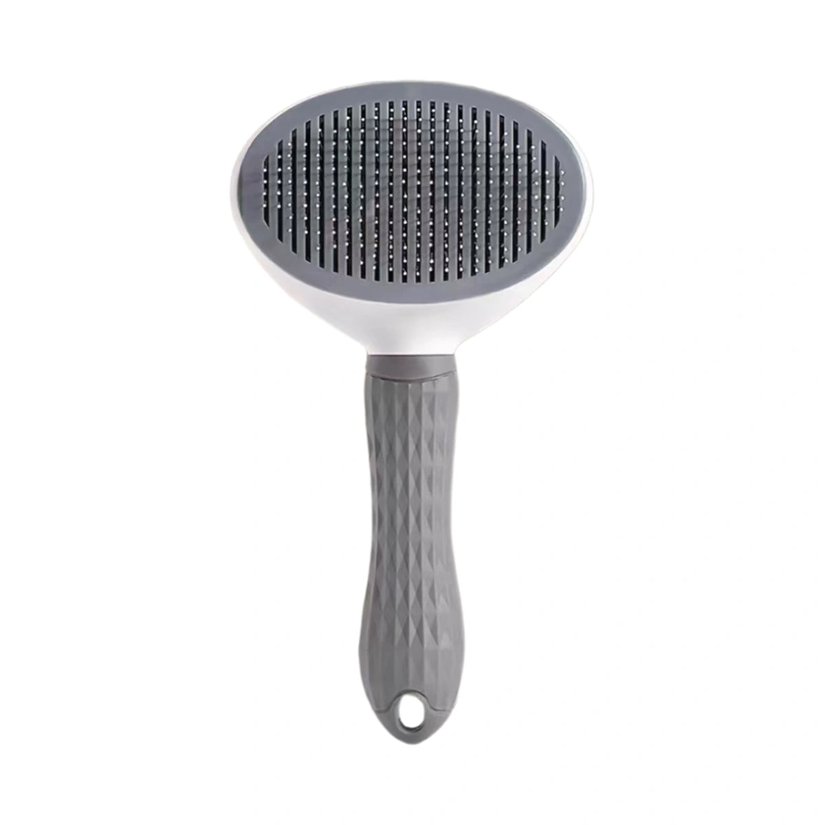 Grey oval-head pet grooming brush with textured handle