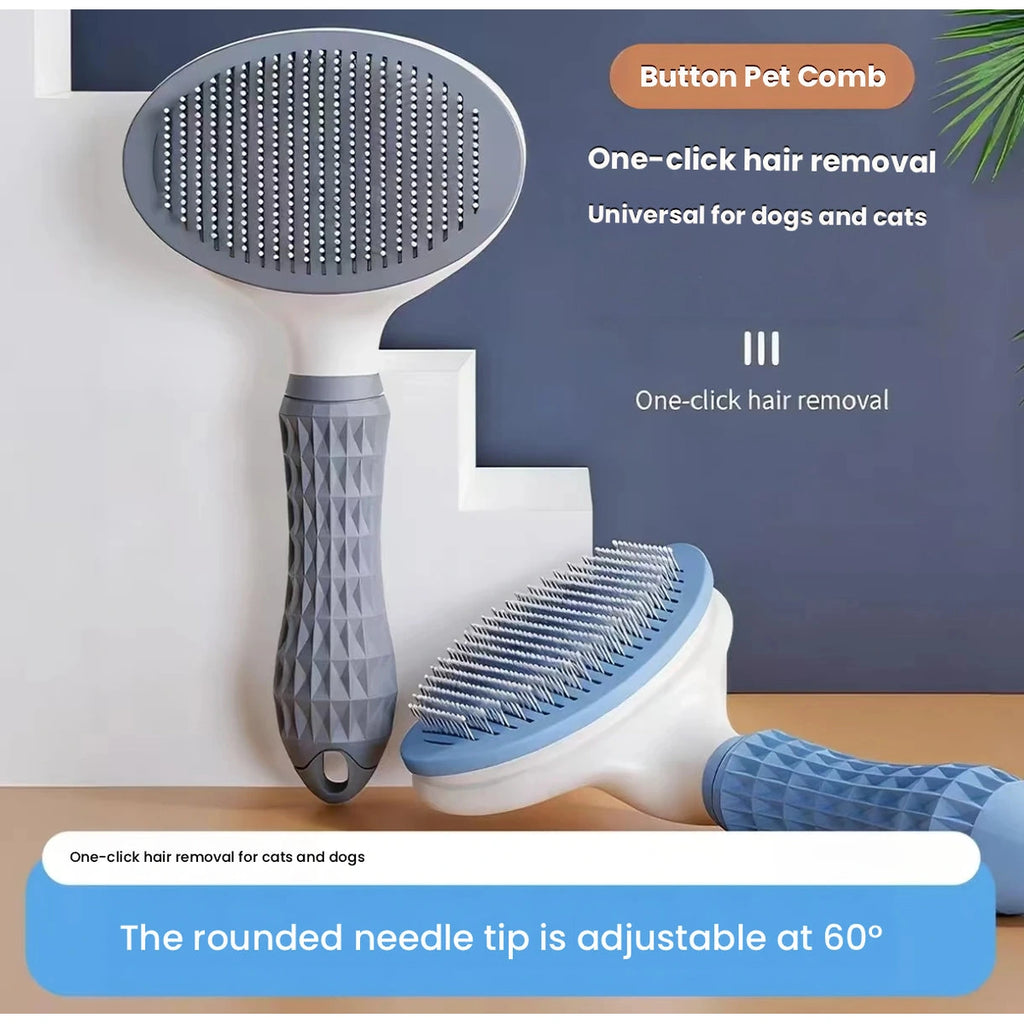 Grey pet brush showing the hair-release mechanism