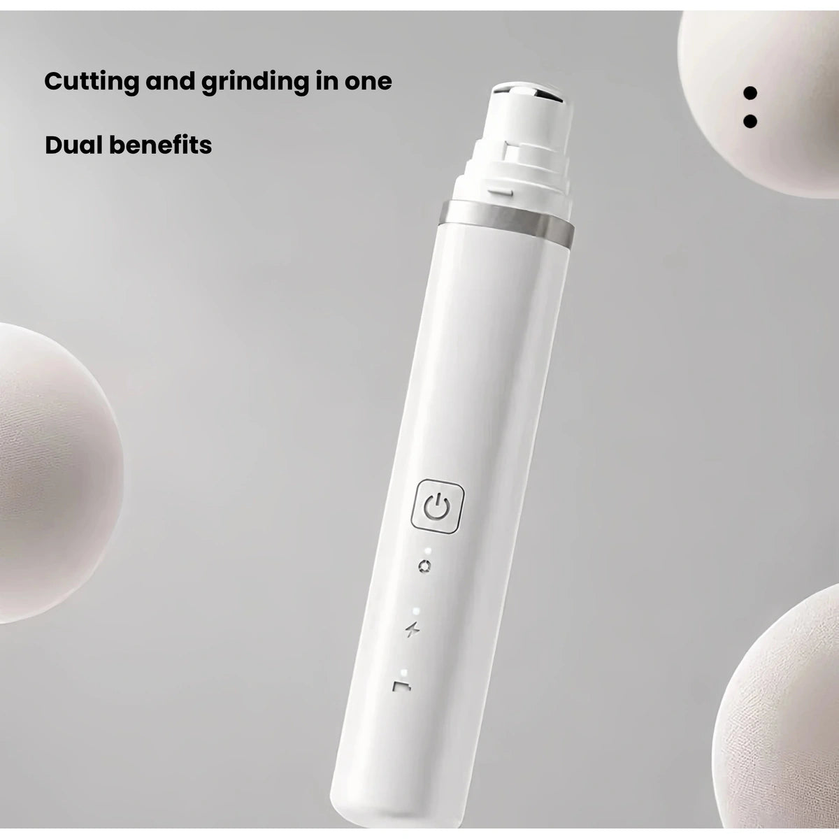 White electric nail grinder with covered head beside a pet paw
