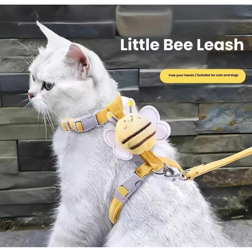 同色リード付きイエローハーネスを着けた白い猫