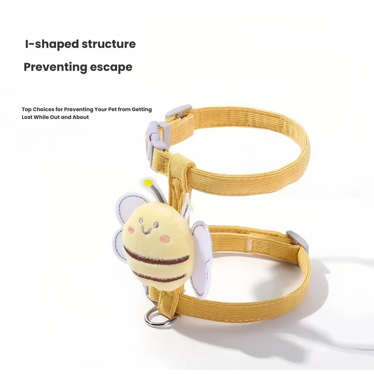 Yellow bee-themed cat harness showing two adjustable straps and plush bee