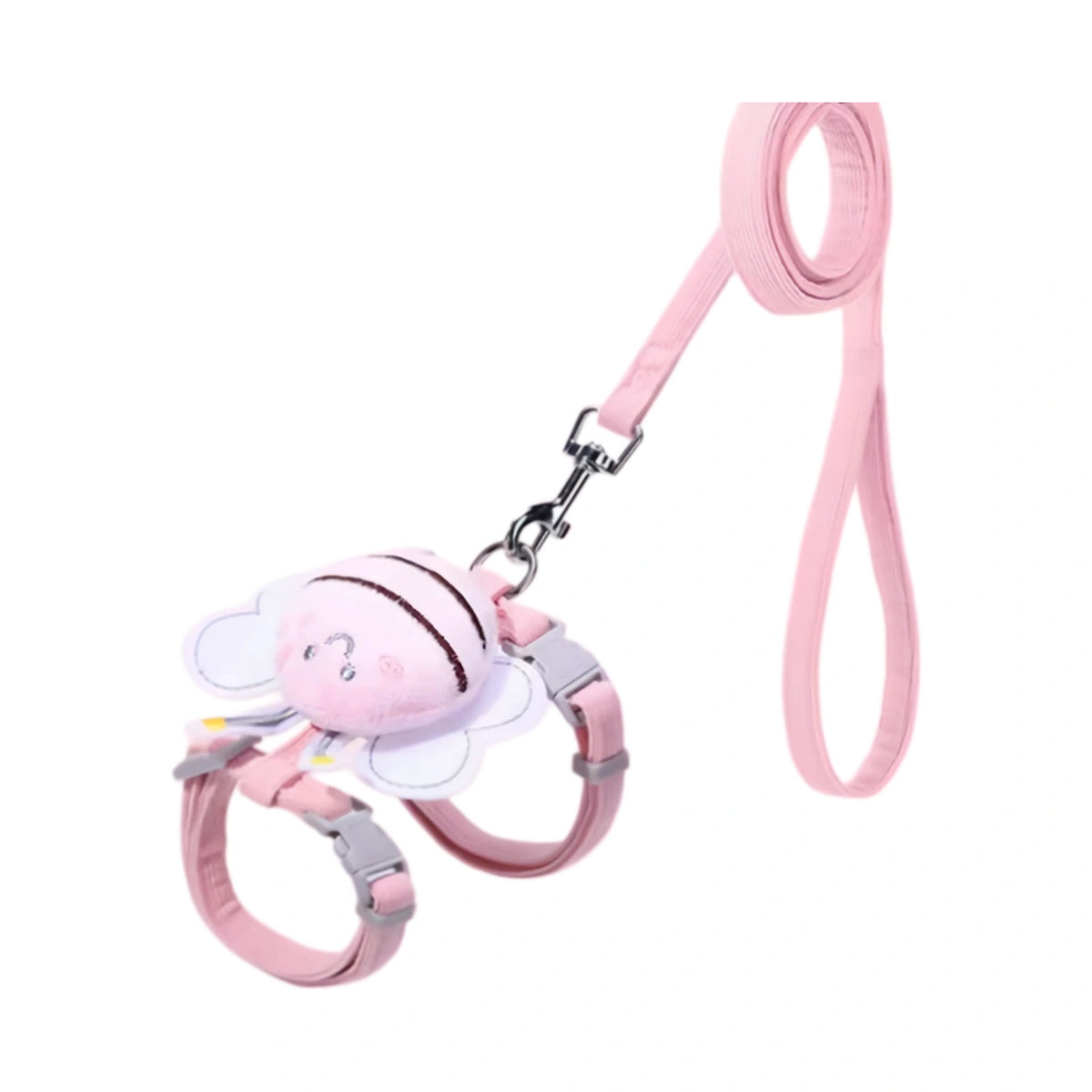 Pink bee-themed cat harness with matching pink leash
