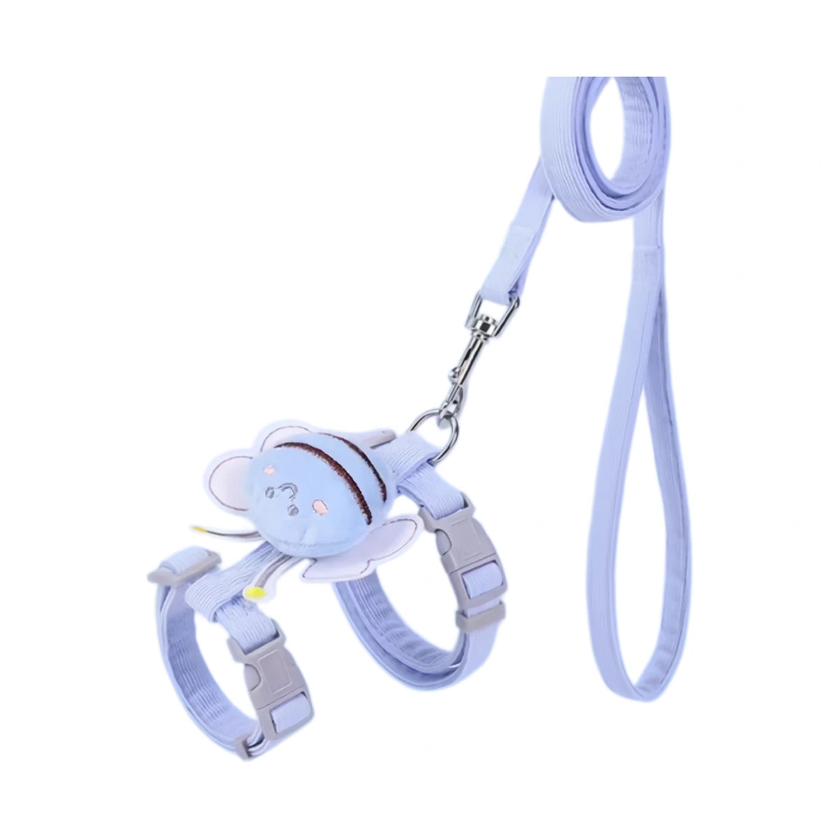 Blue bee-themed cat harness with matching blue leash