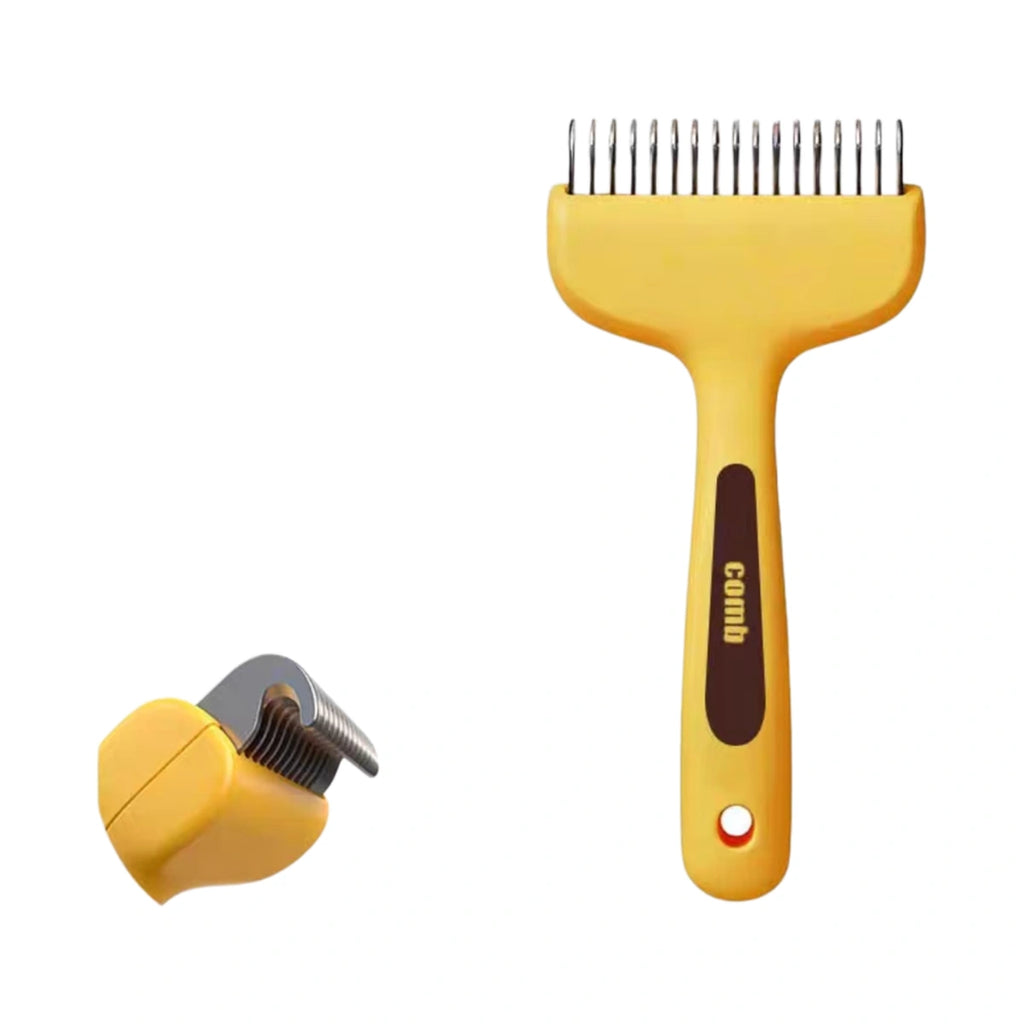 Yellow pet detangling rake comb with curved tooth detail