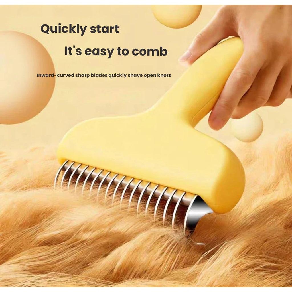 Yellow rake comb shown in a pet coat