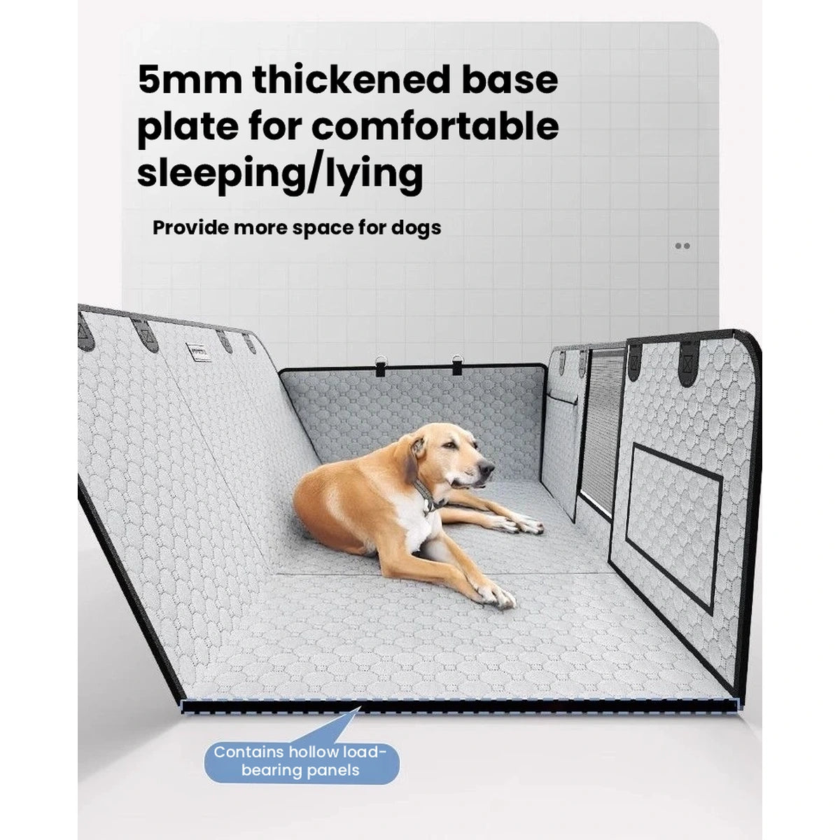 Dog resting on the padded base of the car seat cover