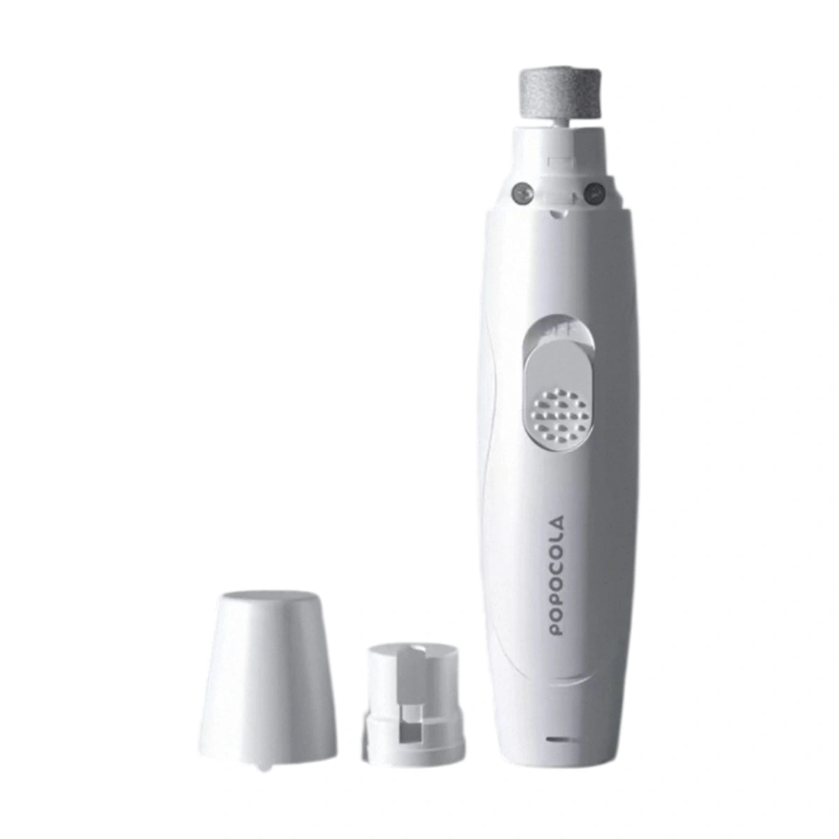 White POPOCOLA pet nail grinder with two removable head pieces