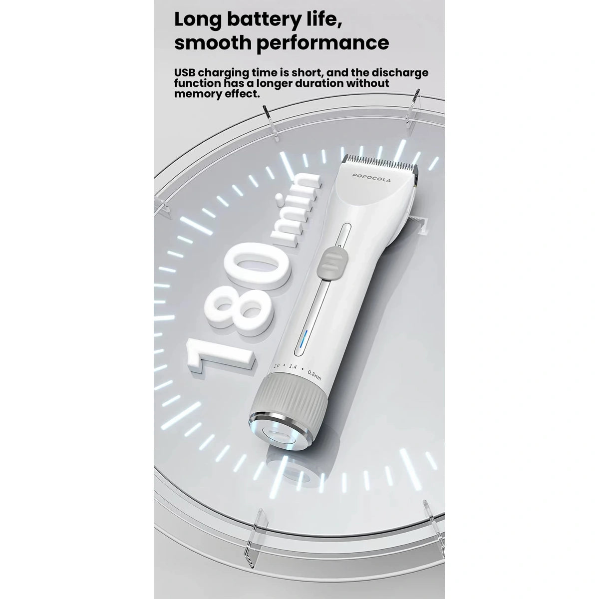 POPOCOLA dog clipper charging and battery infographic