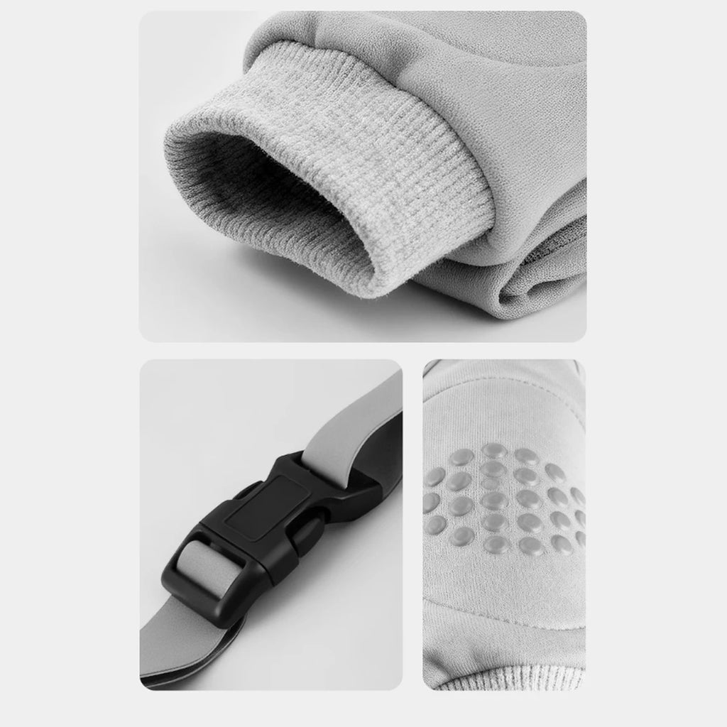 Close-up of sleeve fabric, buckle and padded elbow section