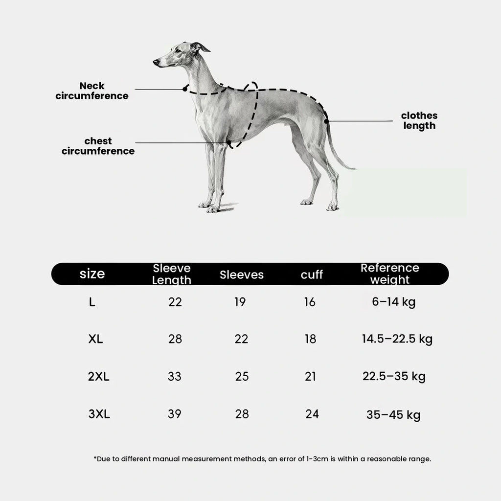 POPOCOLA dog elbow sleeve size and measurement chart