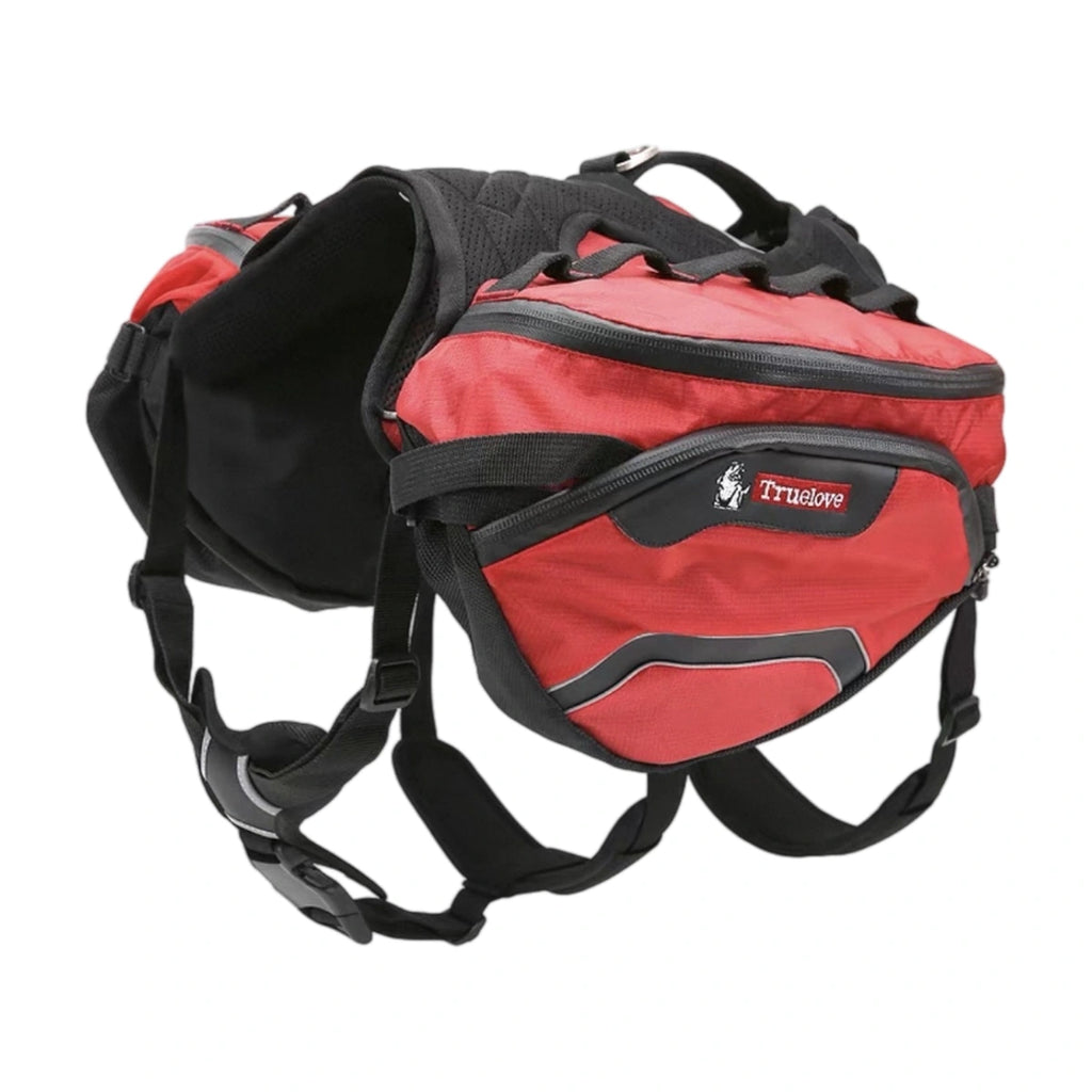 Red Truelove saddlebag backpack worn by a dog