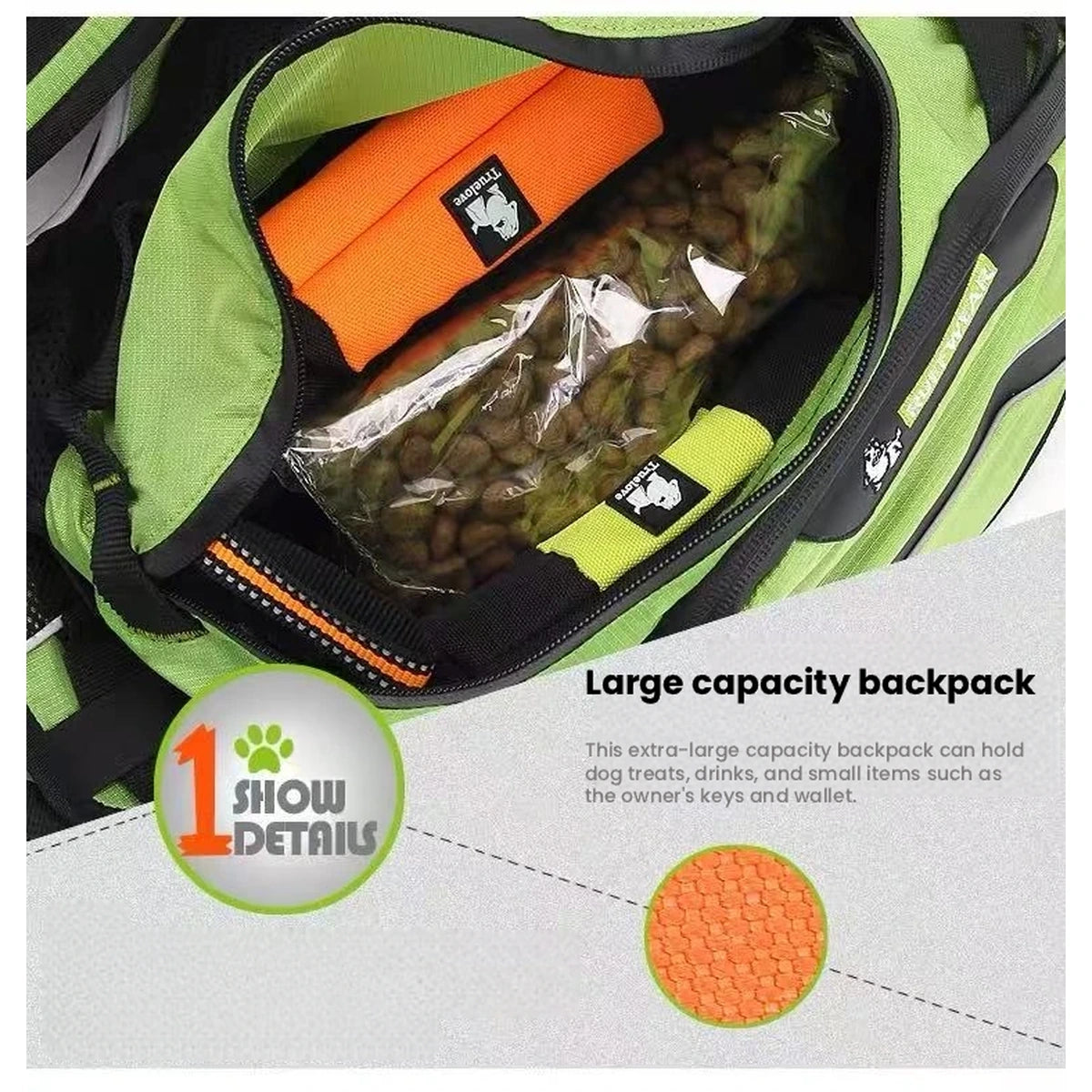 Open pocket of the green Truelove dog backpack