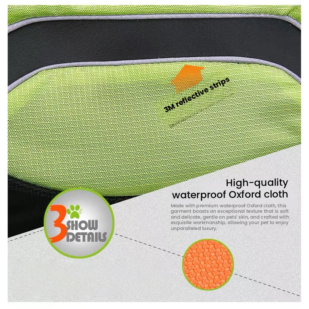 Reflective detail on the green Truelove dog backpack